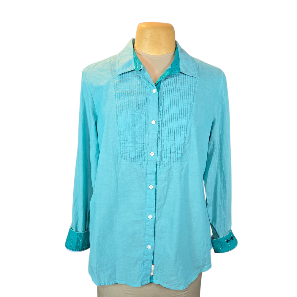 Tommy Hilfiger Women's XL Turquoise Button Down Long Sleeve‎ Shirt Pleated Cuffs